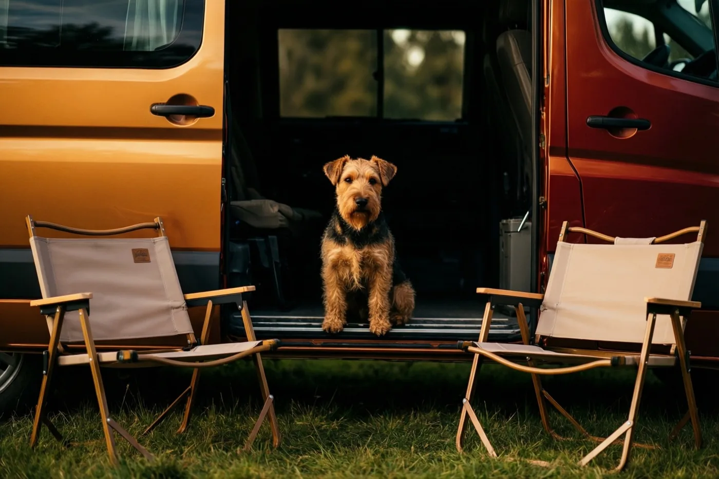 Een terriër zit in de open deuropening van een camper, met aan weerszijden een klapstoel op het gras in warm, goudkleurig licht.