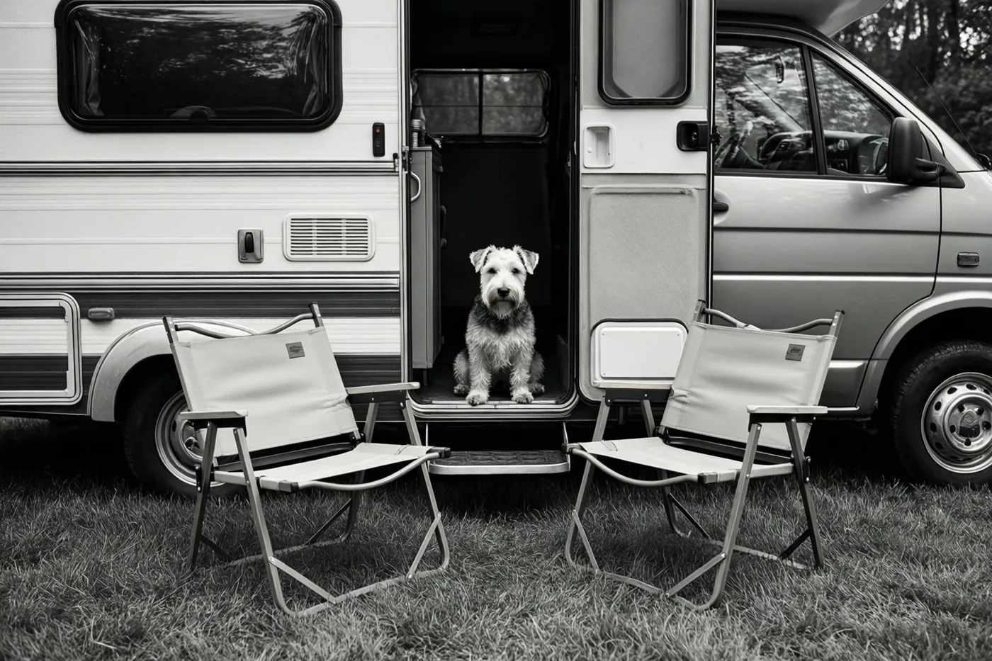 Een terriër zit in de open deuropening van een camper op het gras, met twee klapstoelen buiten, op een zwart-witfoto.