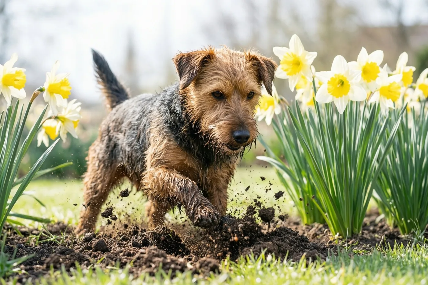 Een modderige terriër graaft in een bloembed met bloeiende narcissen in fel daglicht en gooit daarbij aarde de lucht in.