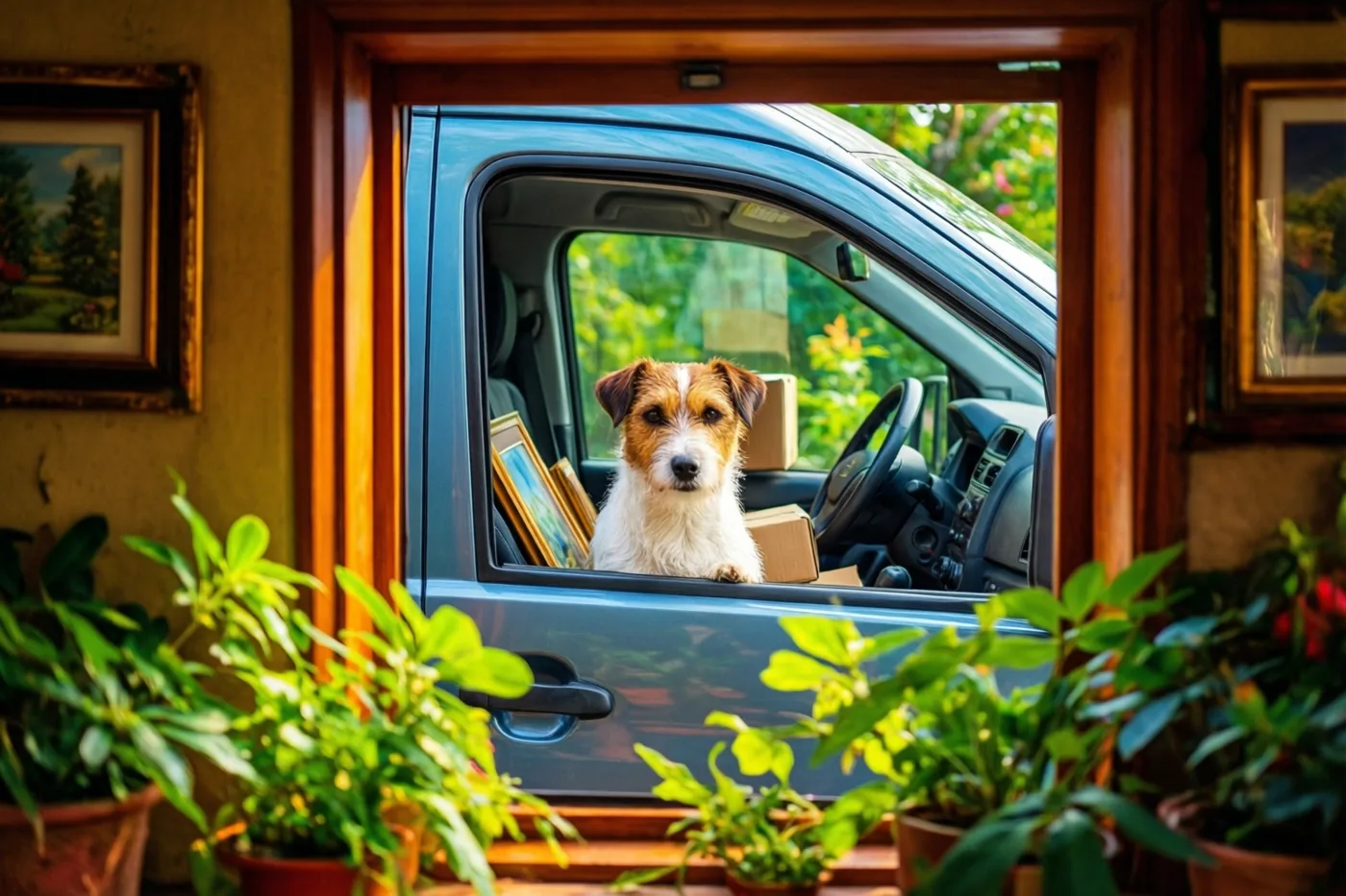 Door een houten raamkozijn van een warm verlichte kamer met planten en ingelijste kunst is een jackrussellterriër te zien die vanuit een blauwe verhuiswagen naar buiten kijkt.