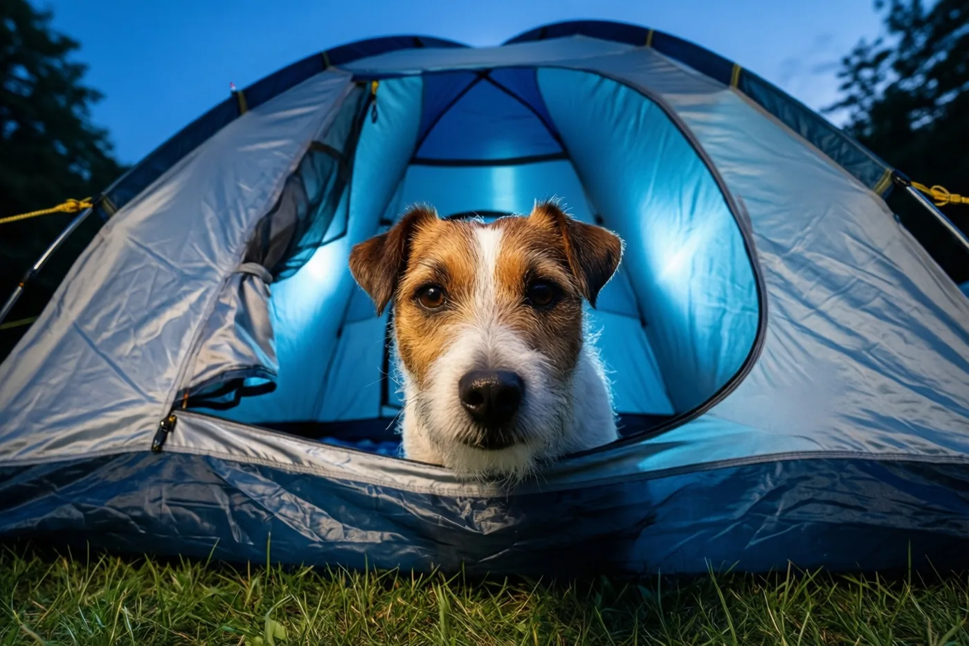 Een jackrussellterriër steekt zijn kop uit een blauw-grijze tent op groen gras, onder een donker wordende blauwe avondlucht.