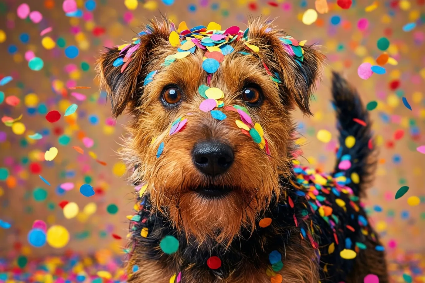 Een ruwharige terriër zit van kop tot staart onder de kleurrijke confetti en kijkt verbaasd naar de camera tegen een warme, onscherpe achtergrond met vallende confetti.