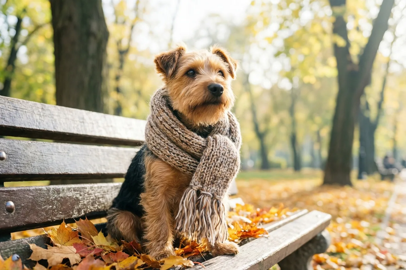 Een kleine terriër met een dikke gebreide sjaal zit op een houten parkbank tussen gevallen herfstbladeren, met zonlicht en bomen vol goudkleurige bladeren op de achtergrond.