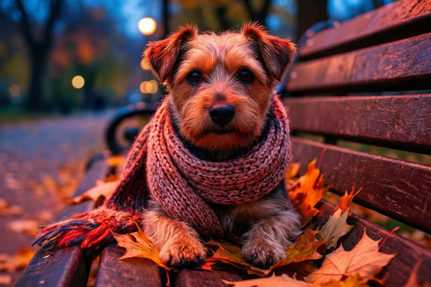 Een kleine terriër met een dikke gebreide sjaal zit op een houten parkbank tussen herfstbladeren in de schemering, met warm licht en wazige bomen en lichtjes op de achtergrond.