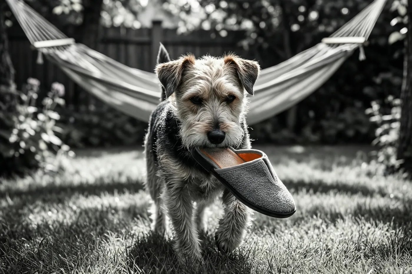 Een terriër loopt met een pantoffel in zijn bek door een tuin met gras en een hangmat op de achtergrond, in een zwart-witbeeld waarin alleen de binnenkant van de pantoffel kleur heeft.