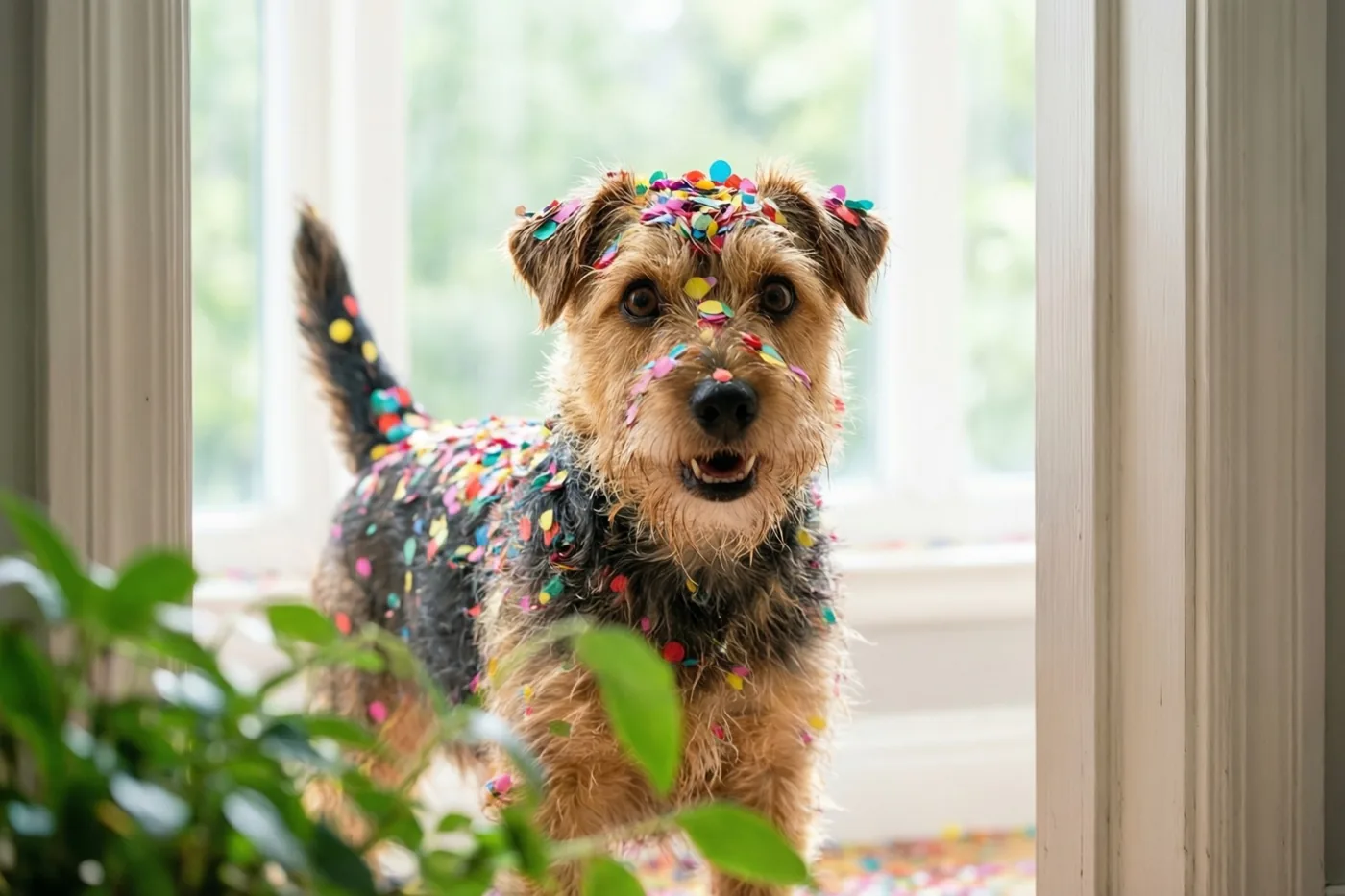 Een ruwharige terriër staat binnen bij een raam, van kop tot staart bedekt met kleurrijke confetti, met groen gebladerte op de voorgrond.