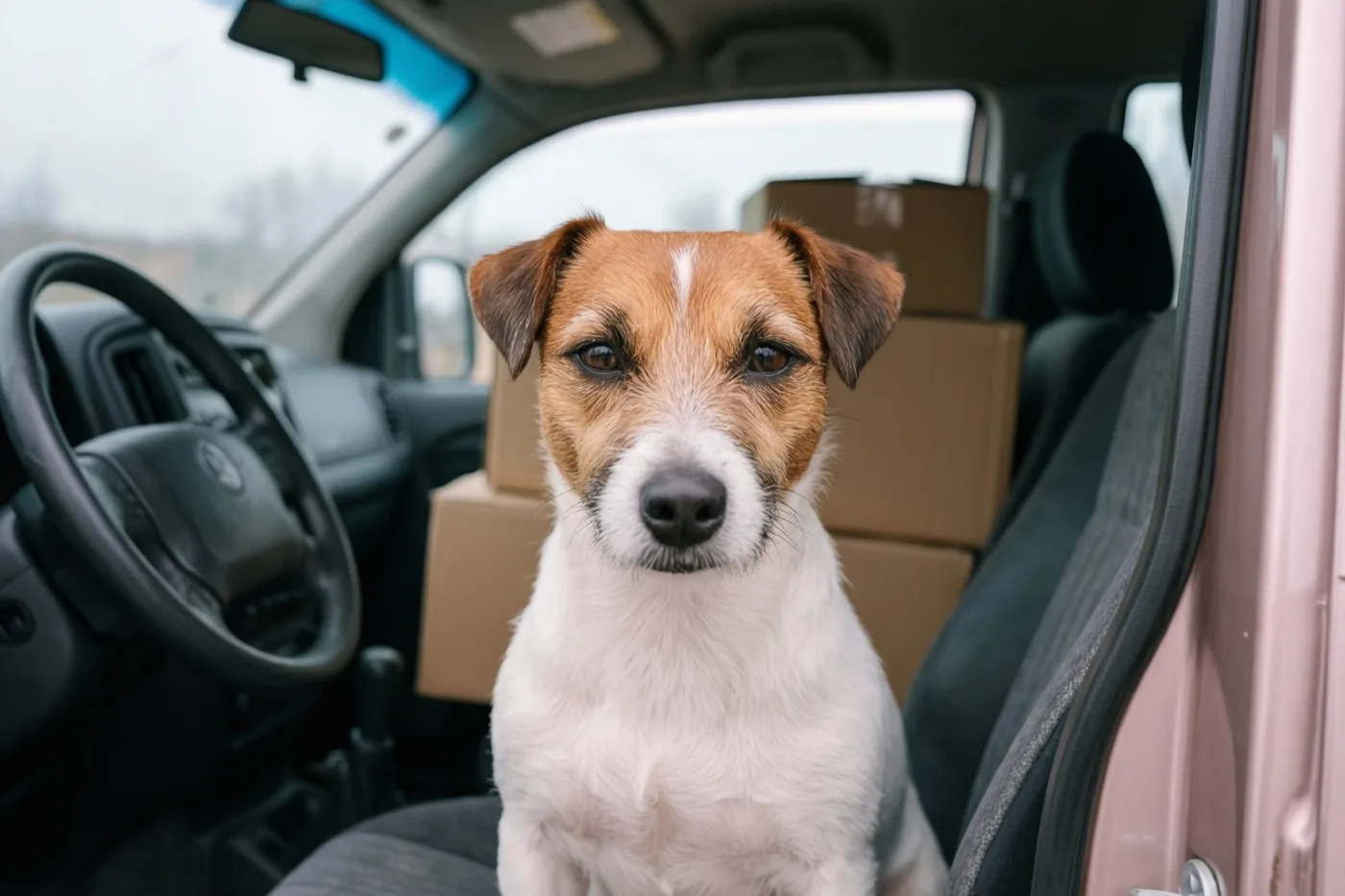 Een jackrussellterriër zit op de passagiersstoel van een verhuiswagen met kartonnen dozen achter zich en kijkt recht naar de camera.