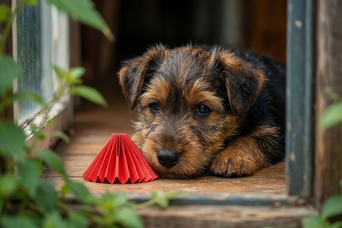 Een zwart-bruine terriërpup ligt met zijn hoofd bij een kleine rode papieren mijter op een houten vloer, omlijst door groen en houten constructies.