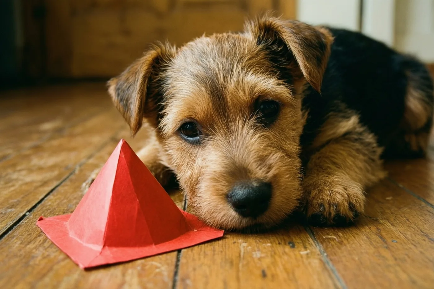 Een bruin-zwarte terriërpup ligt op een houten vloer met zijn hoofd bij een kleine rode papieren mijter in warm licht.