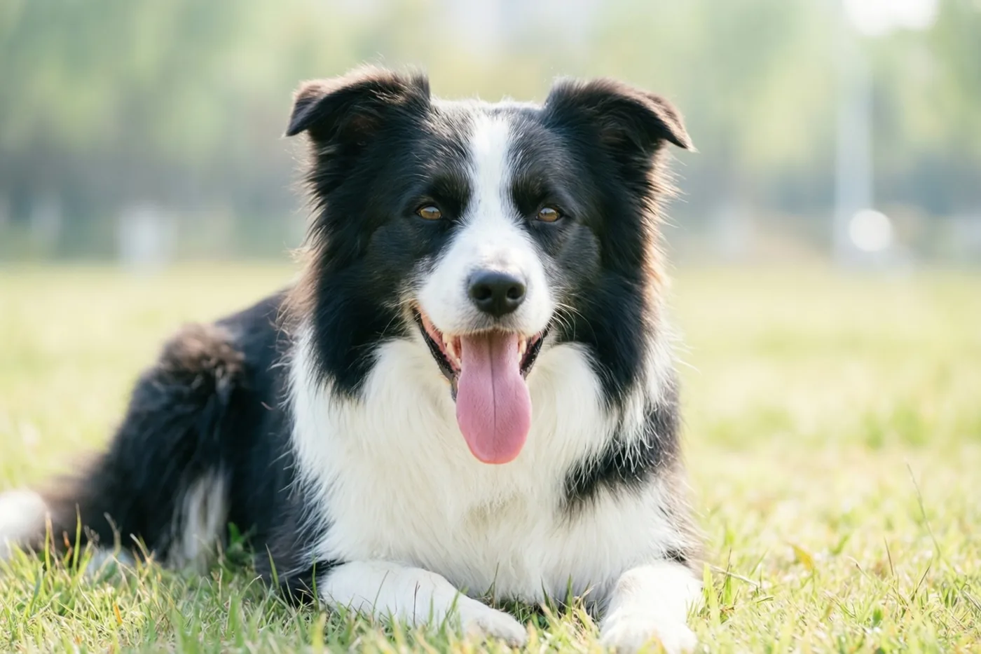 Een zwart-witte bordercollie ligt tevreden met zijn tong uit zijn bek op groen gras, met een zacht vervaagde achtergrond in natuurlijk daglicht.