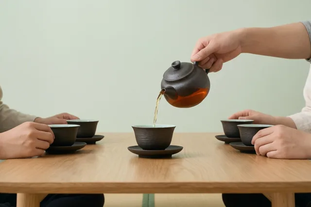 Iemand schenkt thee uit een donkere theepot in een bijpassend kopje op een lage houten tafel, omringd door gasten met kopjes tegen een lichtgroene muur.