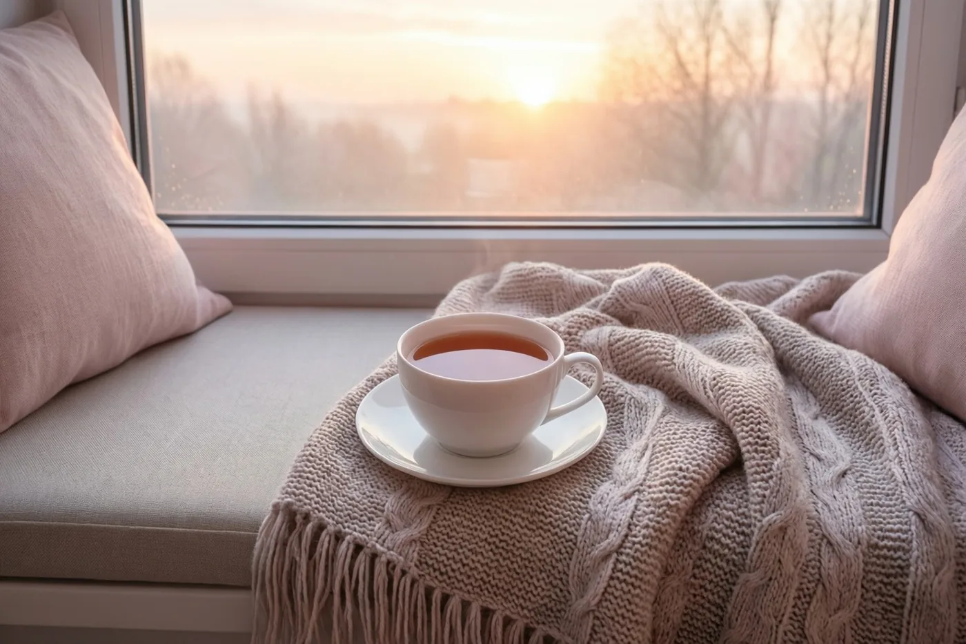 Een wit kopje thee staat op een schoteltje op een beige gebreide deken op een zitbank bij het raam, met buiten een zonsopgang in warm gouden licht.