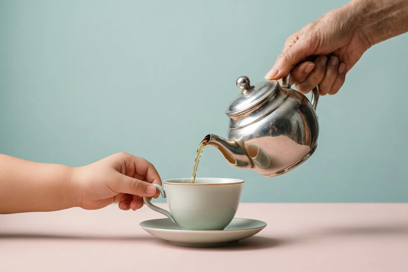 Een gerimpelde hand schenkt met een zilveren theepot thee in een lichtgroen kopje dat een kinderhand vasthoudt, boven een roze tafelblad tegen een zachtblauwe achtergrond.