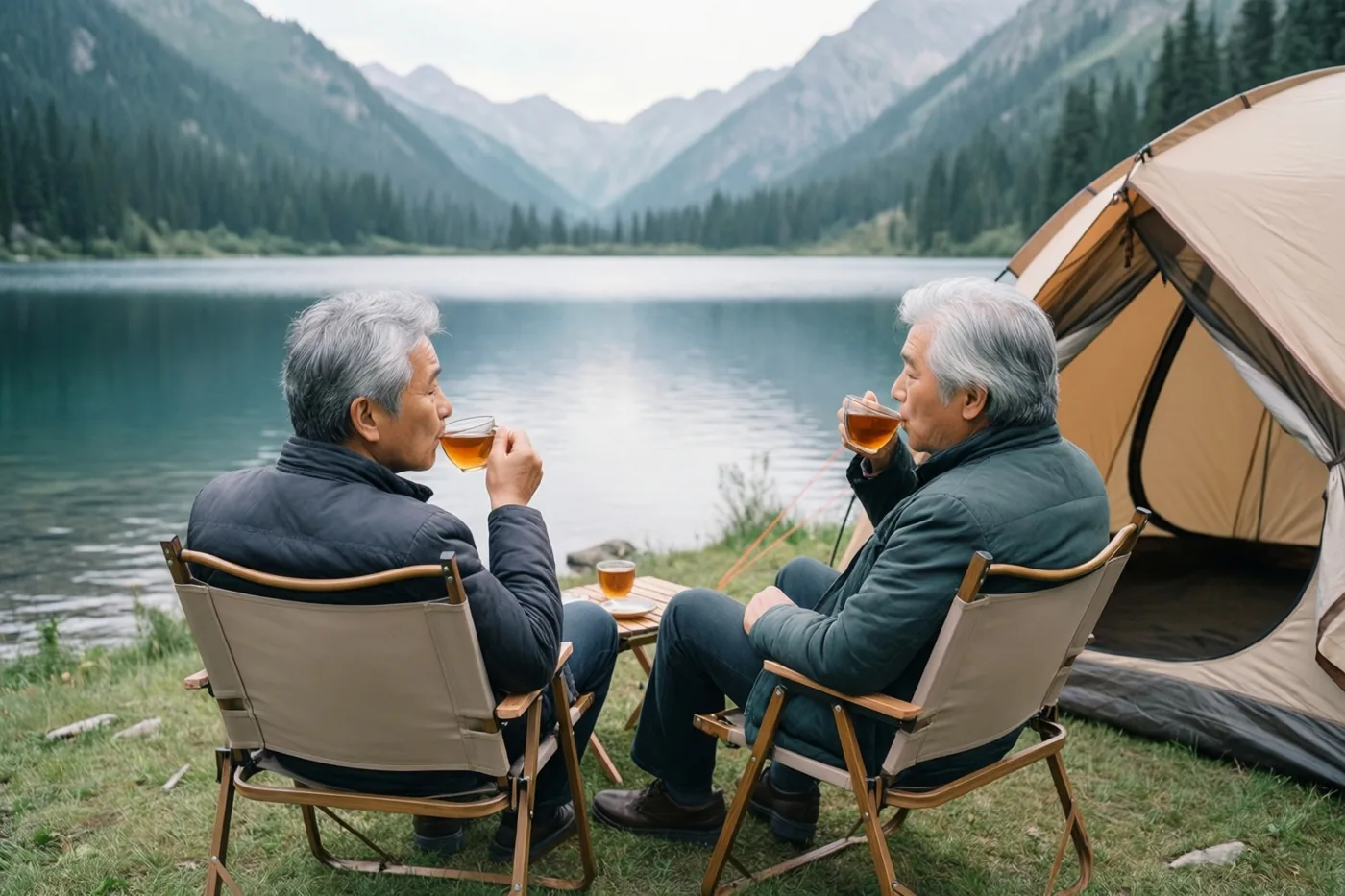 Twee grijsharige mannen zitten in campingstoelen naast een tent thee te drinken met zicht op een rustig bergmeer, omgeven door gras en beboste bergen.