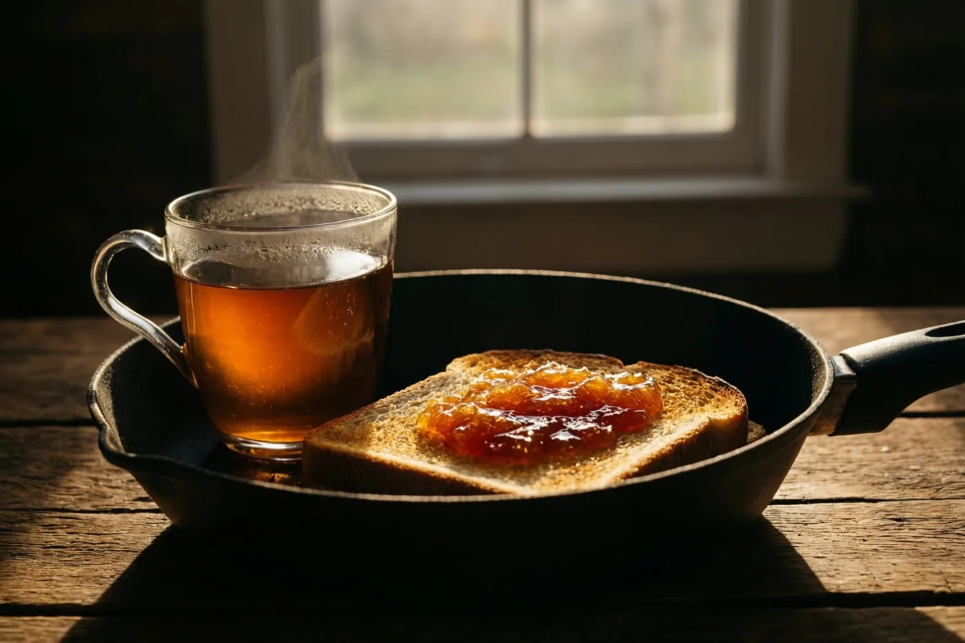 Een glazen mok dampende thee en een toast met marmelade staan samen in een zwarte koekenpan op een houten tafel in het vroege zonlicht.