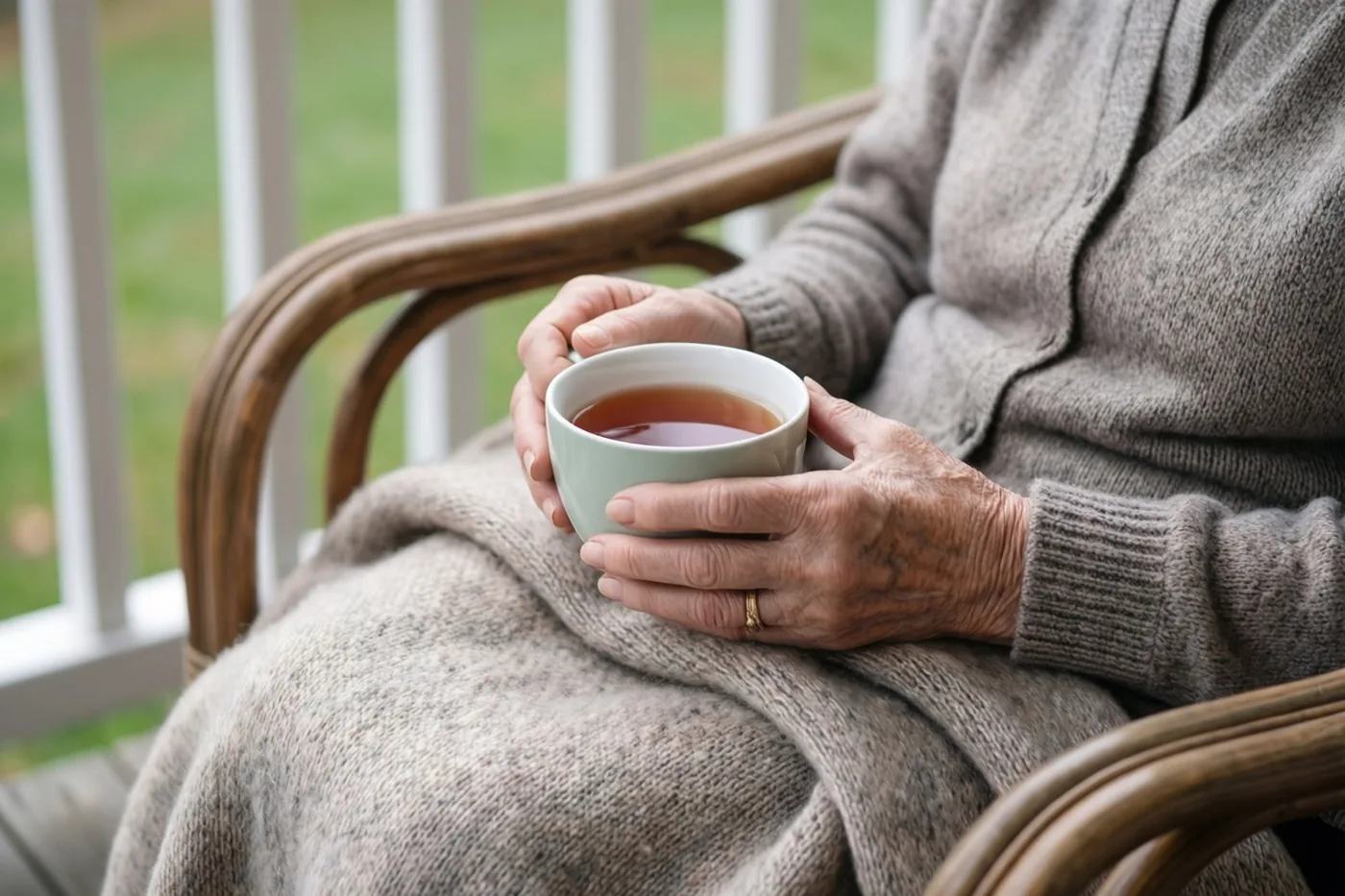 De handen van een oudere persoon houden een kop thee vast in een rieten stoel op een veranda, waar ook een deken met reliëf te zien is.