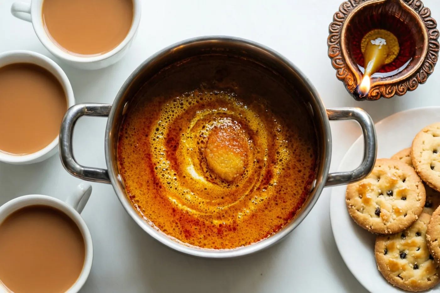 Van bovenaf zie je een metalen pot pruttelende masala chai, drie kopjes thee, een bord nankhataikoekjes en een brandend olielampje op een witte ondergrond.