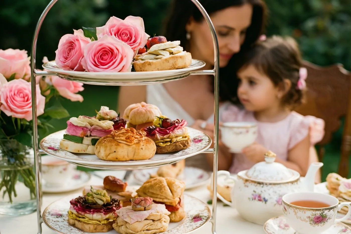 Een etagère met drie verdiepingen vol gebakjes en roze rozen staat buiten, terwijl een moeder en kind op de achtergrond thee drinken tussen zachte roze, witte en groene tinten.