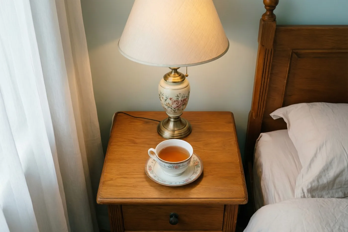 Een brandende lamp met een gebloemde voet staat naast een kop thee op een schoteltje op een houten nachtkastje, bij een bed met wit beddengoed en een houten hoofdbord, in ochtendlicht door dunne gordijnen.