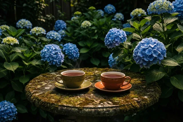 Tussen hortensia's praten we bij