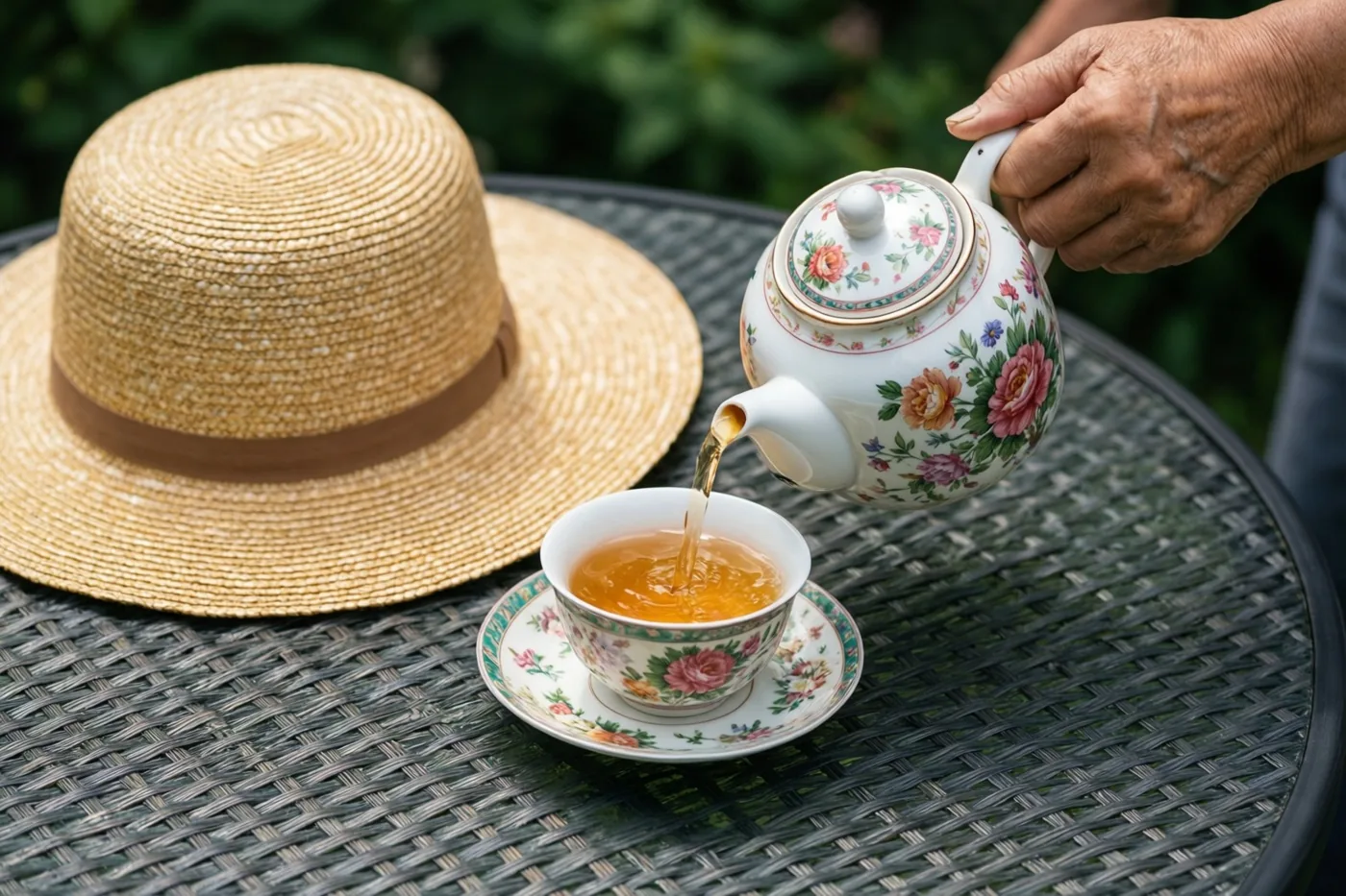 Oudere handen schenken thee uit een gebloemde theepot in een bijpassend kopje op een gevlochten tuintafel, met een strohoed ernaast en groen op de achtergrond.