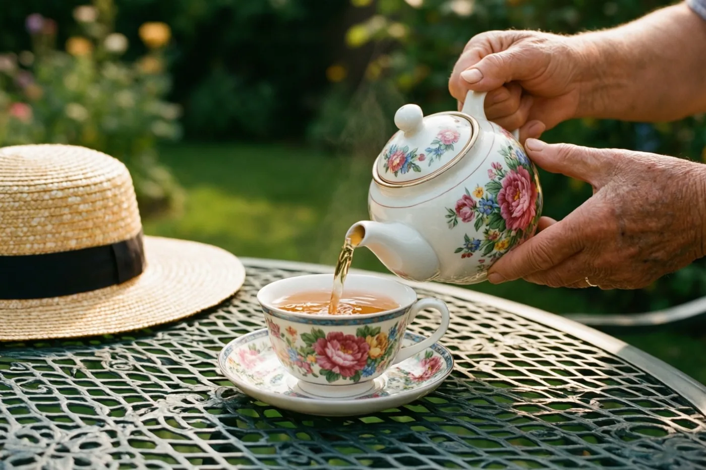 Oudere handen schenken thee uit een gebloemde theepot in een bijpassend kopje op een metalen tuintafel, naast een strohoed en met een onscherpe groene tuin op de achtergrond.