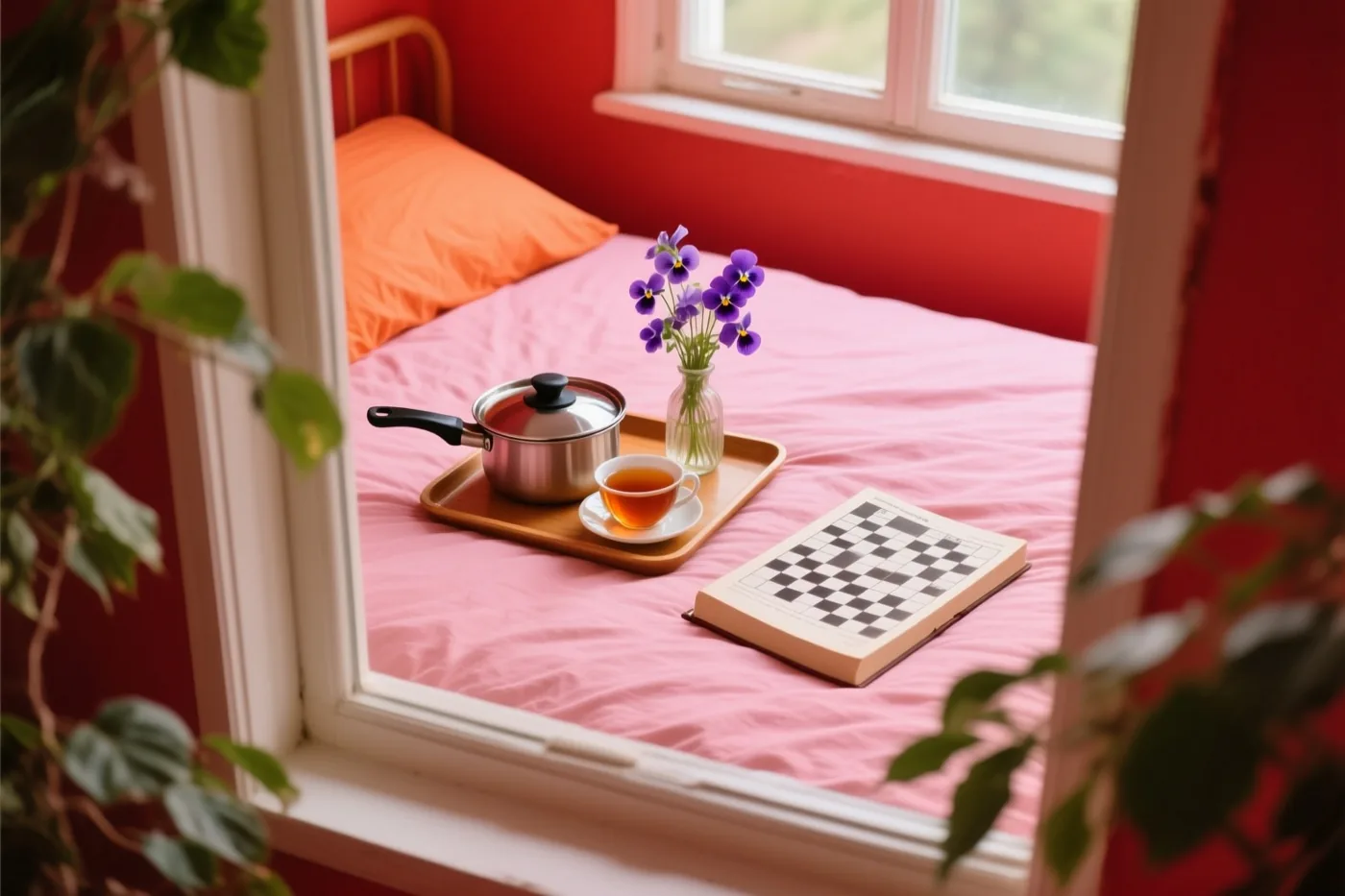Door een raam met een wit kader is een roze bedsprei te zien met een dienblad met een theepot, thee en paarse viooltjes, naast een open kruiswoordraadselboek, met rode muren en groen op de voorgrond.