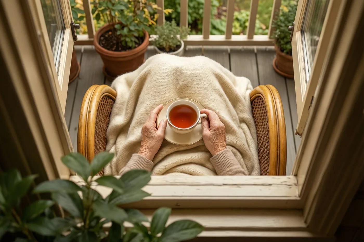 Door een open raam is een oudere persoon te zien met een crèmekleurige deken en een kop thee in een rieten stoel op een houten veranda, met potplanten binnen en buiten.