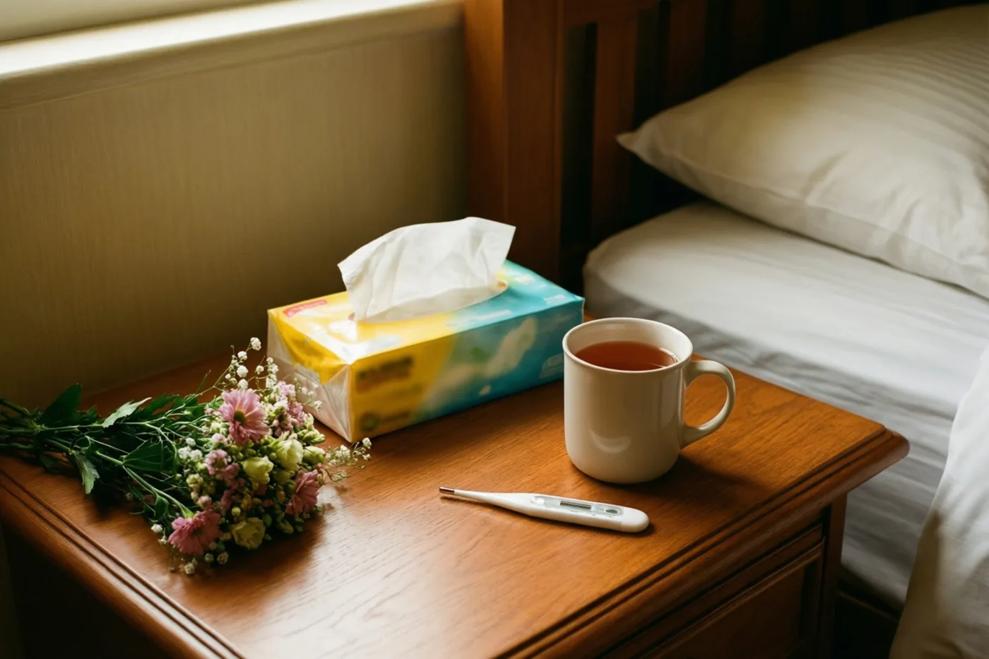 Een houten nachtkastje naast een wit opgemaakt bed draagt een doos zakdoekjes, een mok thee, een thermometer en een boeketje roze en witte bloemen.