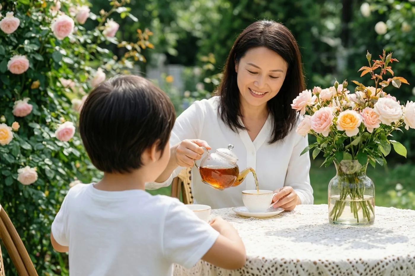 Een vrouw schenkt thee aan een tuintafel tegenover een kind dat van achteren te zien is, met roze rozen in een vaas en tegen een klimrek.