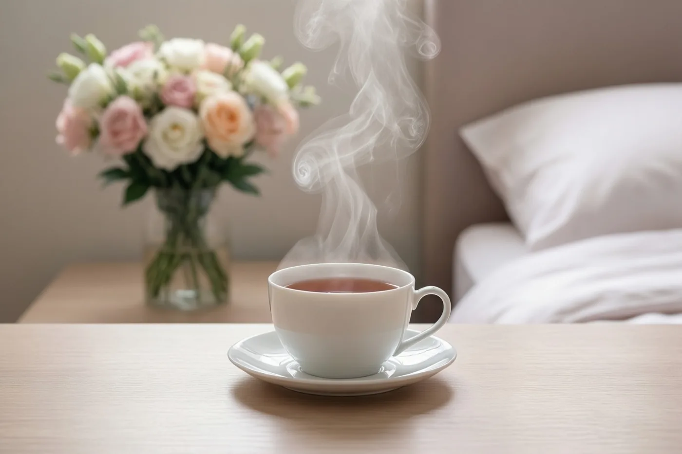 Een dampende kop thee staat op een houten nachtkastje, met een vaas roze en witte bloemen onscherp op de achtergrond.