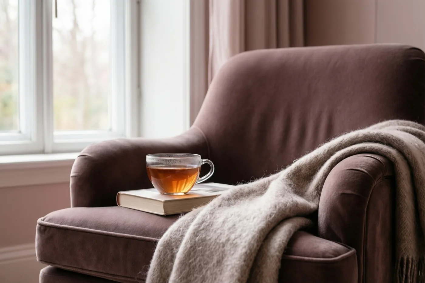 Op de zitting van een bruine fluwelen fauteuil bij een hoog raam ligt een boek met daarop een glas amberkleurige thee, naast een beige wollen deken.
