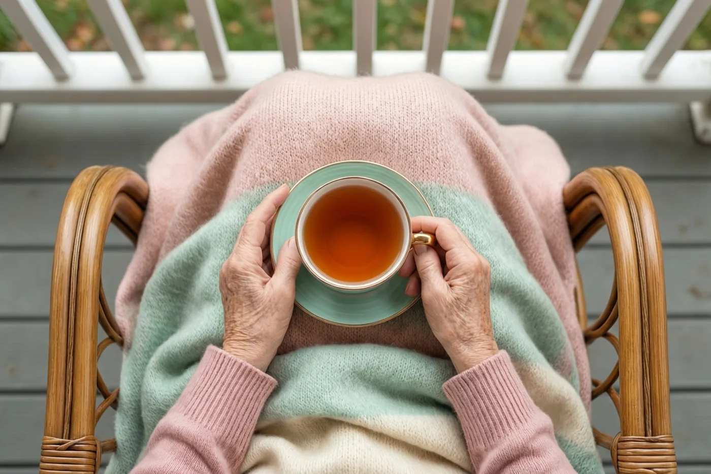 Van bovenaf zijn oudere handen te zien die een theekop met schoteltje vasthouden op een gestreepte kasjmieren deken over een rieten stoel op een houten veranda.
