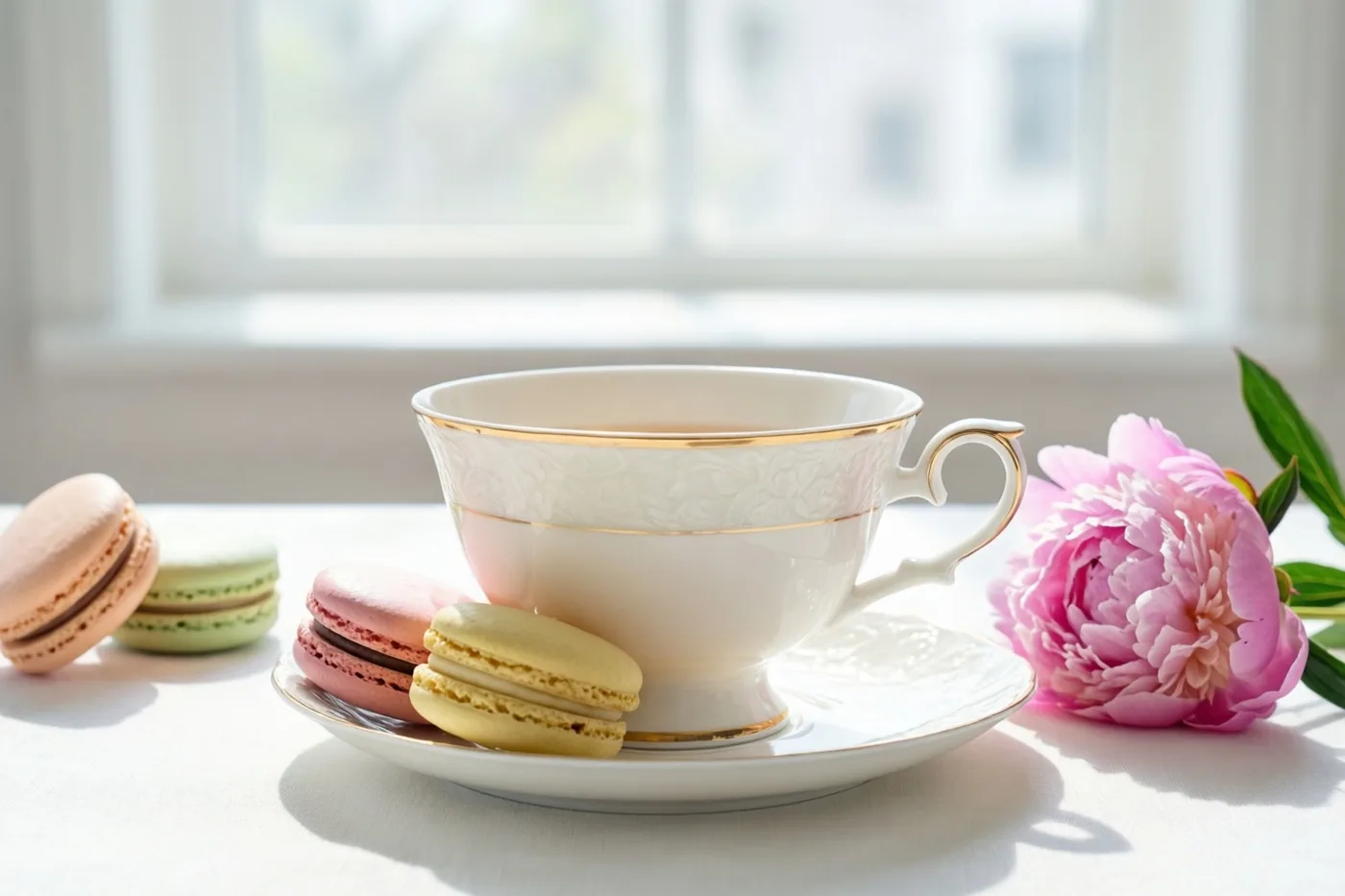 Een wit porseleinen theekopje met gouden rand staat op een bijpassend schoteltje naast pastelkleurige macarons en een roze pioenroos op een wit tafelkleed bij een raam.