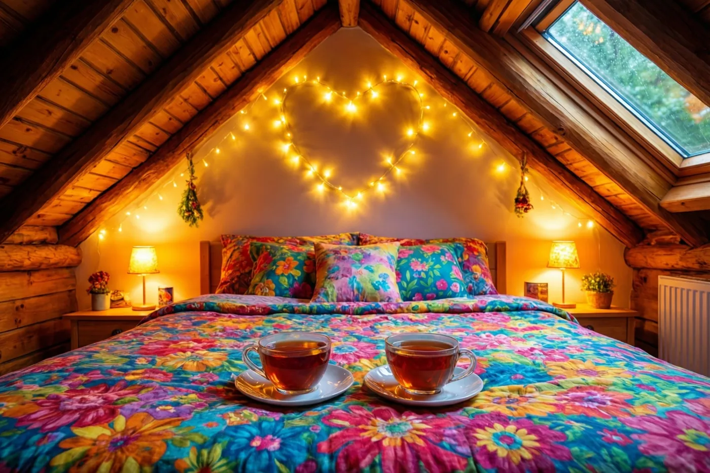 Op een bed met een kleurrijke bloemendeken staan twee kopjes thee, onder lichtjes in hartvorm in een zolderkamer met houten balken en een dakraam.