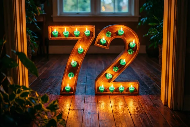 Brandende theelichtjes vormen 72 op een donkere houten vloer, met planten en een raam op de achtergrond.
