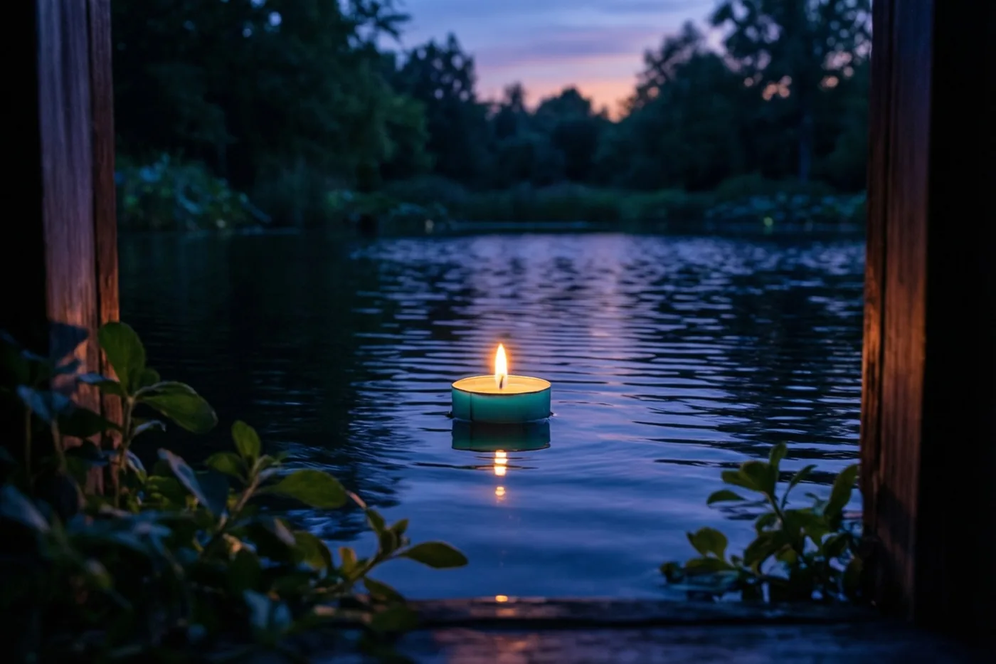 Door een houten kader is een theelichtje op een donkere vijver te zien, met diepe blauwe en paarse tinten in het water en de schemerlucht.