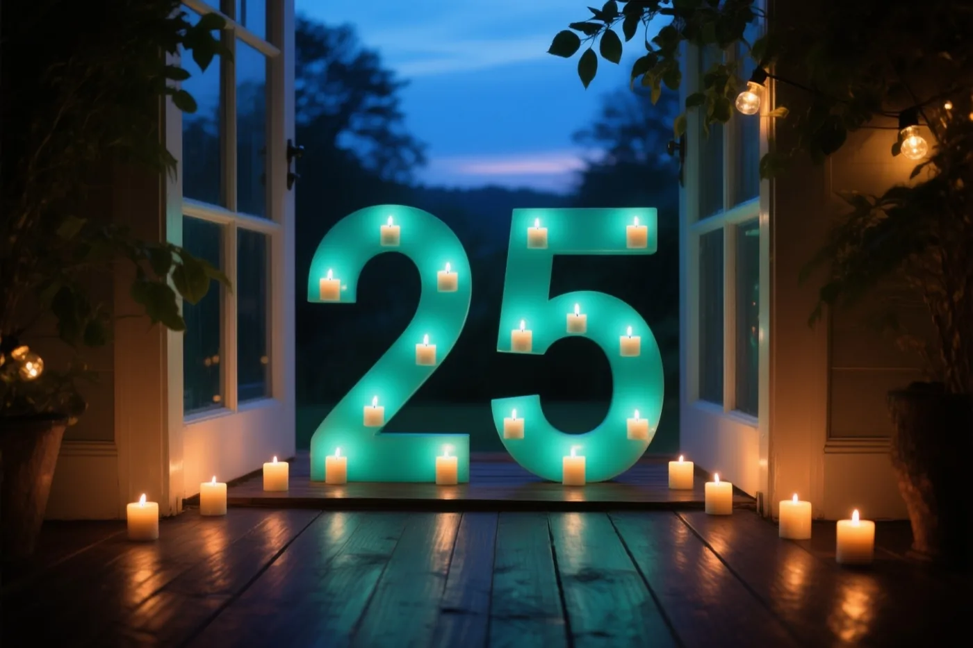Brandende theelichtjes vormen 25 op een donkere houten vloer, met door een open deur een blauwe avondlucht en rondom groen en lichtslingers.