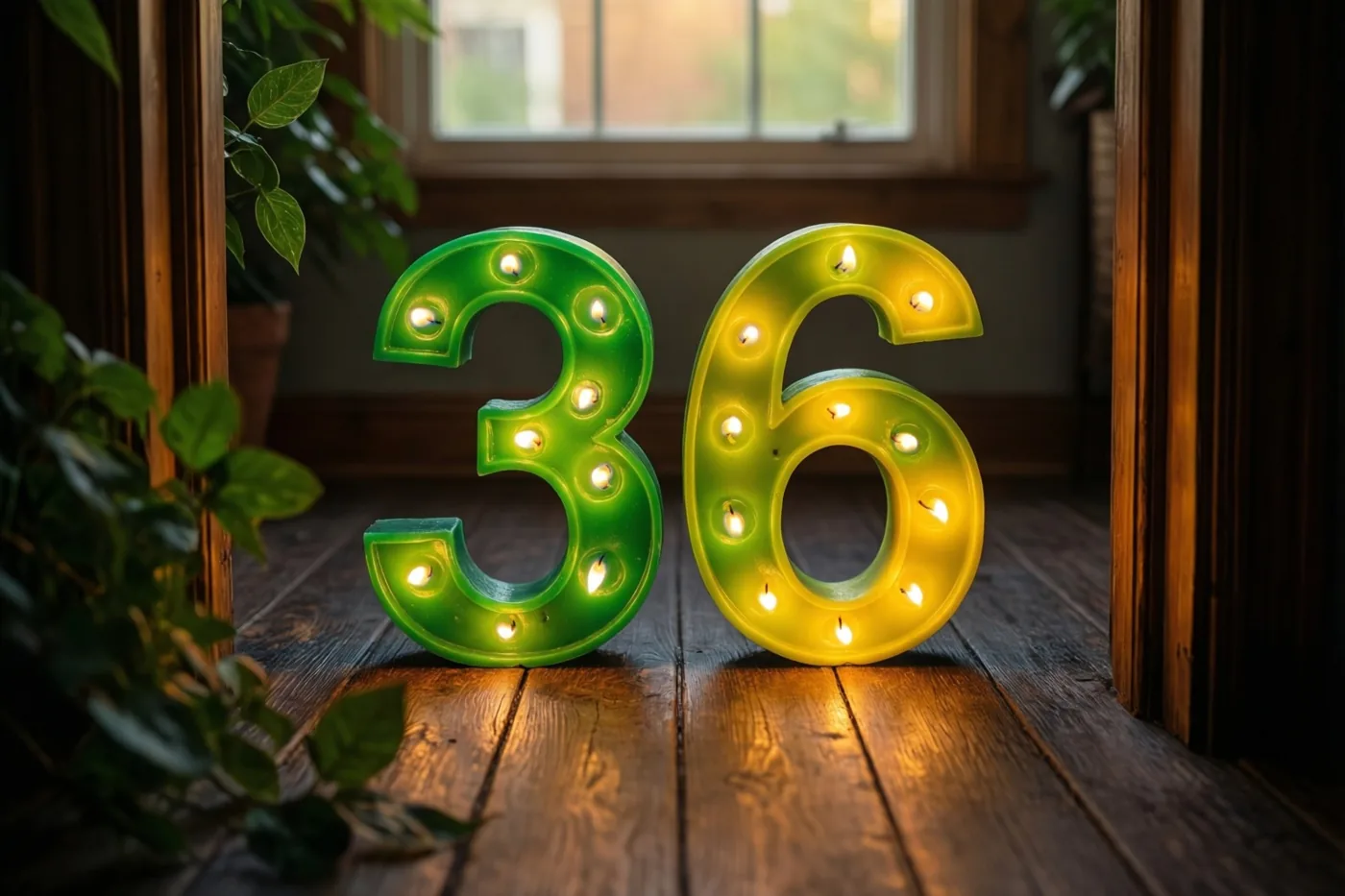Brandende theelichtjes vormen 36 op een donkere houten vloer, met groene planten en een raam op de achtergrond.