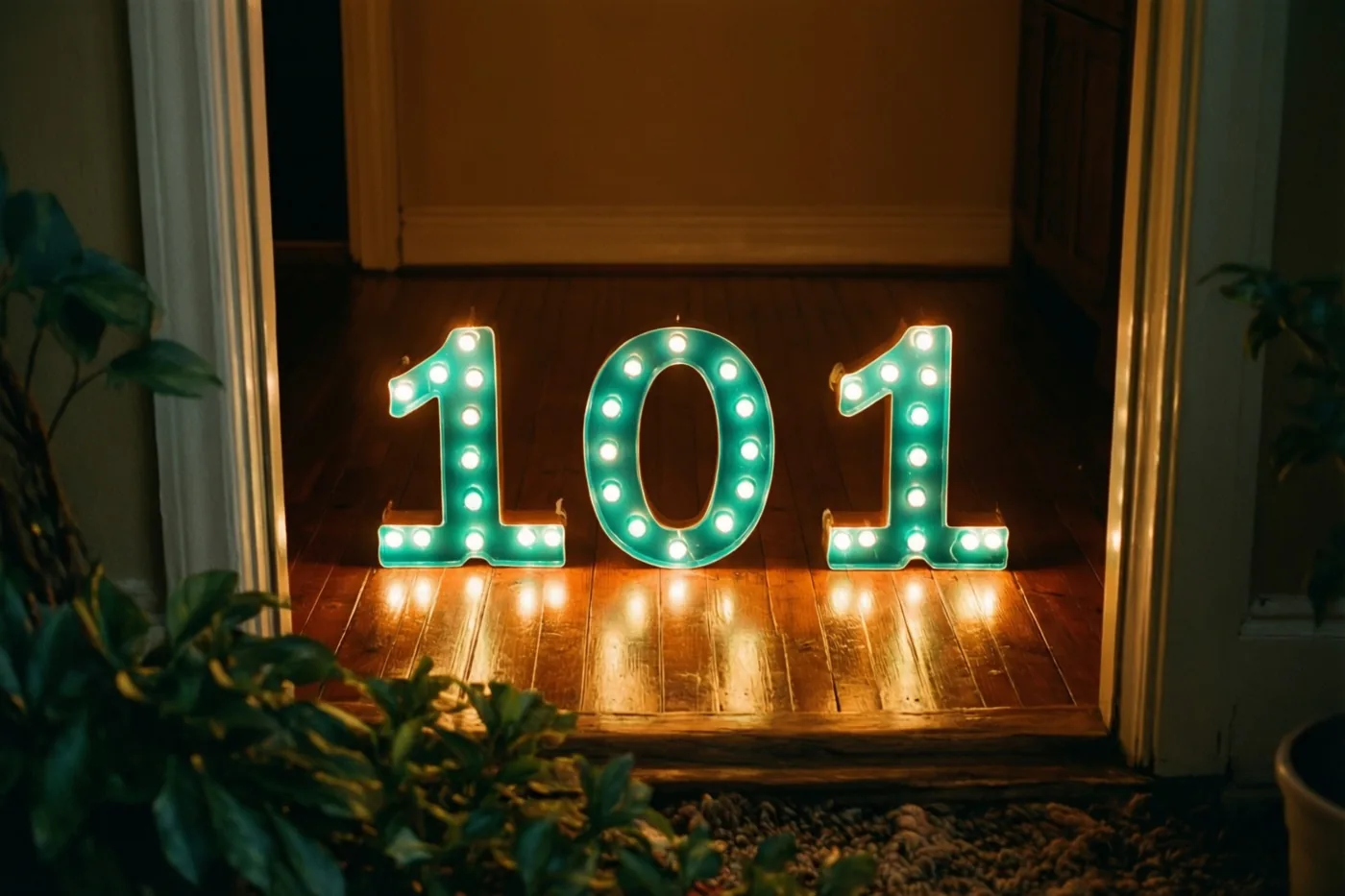 Door een deuropening met planten aan weerszijden zie je brandende theelichtjes die 101 vormen op een donkere houten vloer.