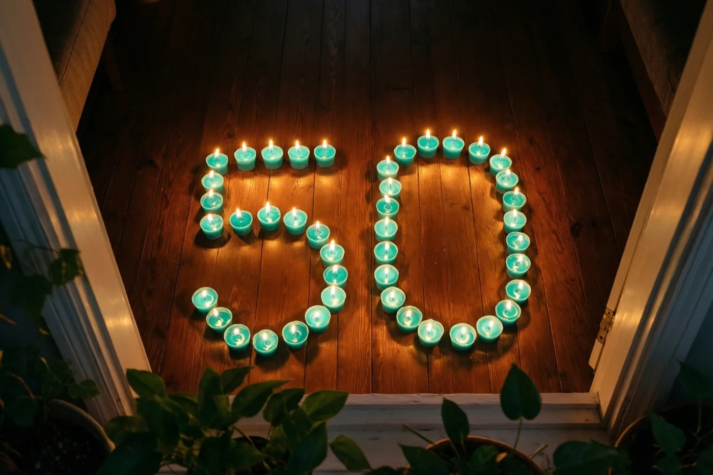 Vanuit een deuropening zijn brandende theelichtjes in de vorm van 50 op een donkere houten vloer te zien, met blauwgroene en bruine tinten rondom.
