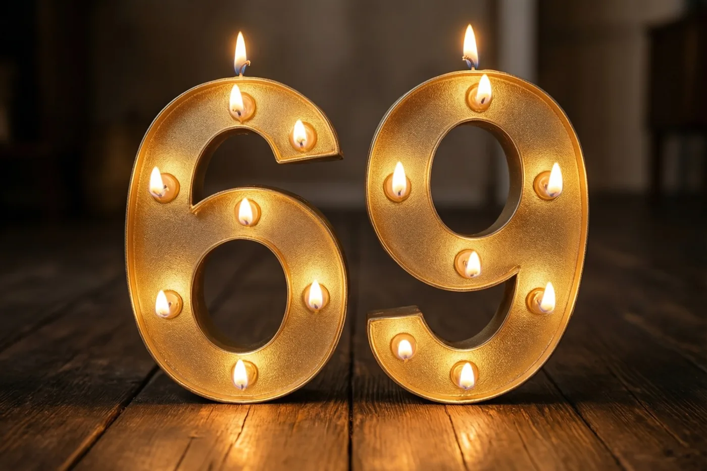 Brandende theelichtjes vormen het getal 69 op een donkere houten vloer en verspreiden een warme gloed.
