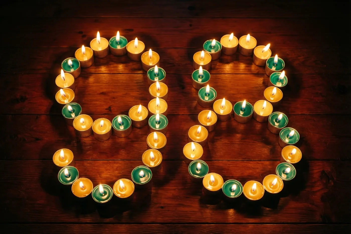 Brandende theelichtjes in groene houders vormen 98 op een donkerbruine houten vloer en verspreiden een warm geel licht.