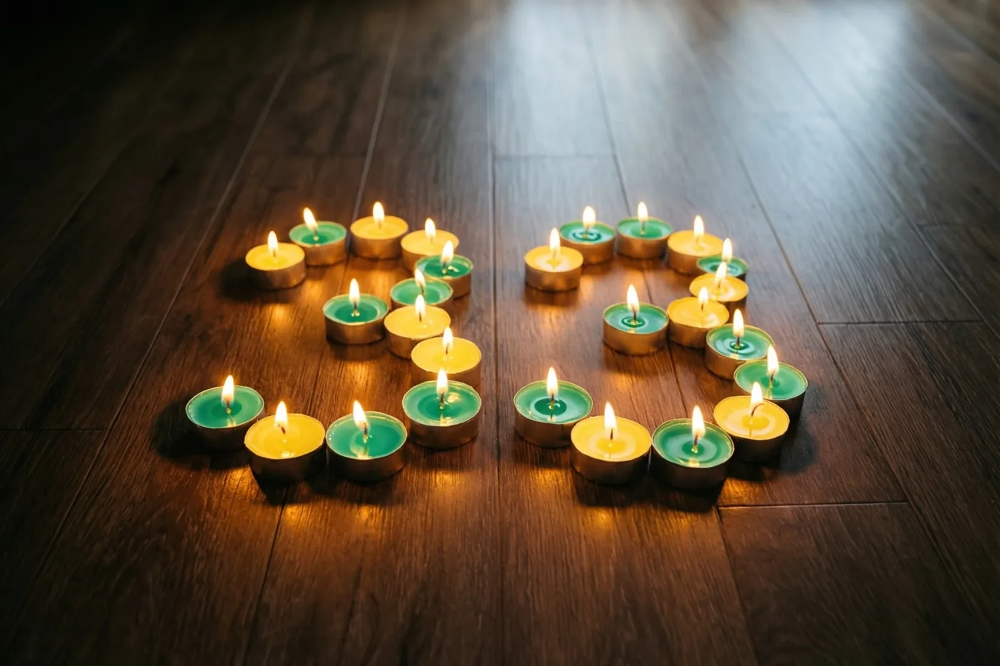 Brandende theelichtjes met groene accenten aan de houders vormen het getal 33 op een donkere houten vloer.