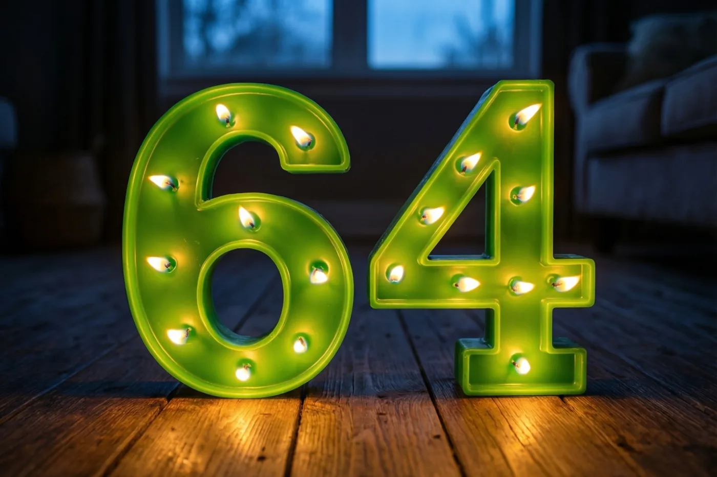 Het getal 64 is met brandende theelichtjes gelegd op een donkere houten vloer, met een raam en een zetel op de achtergrond.