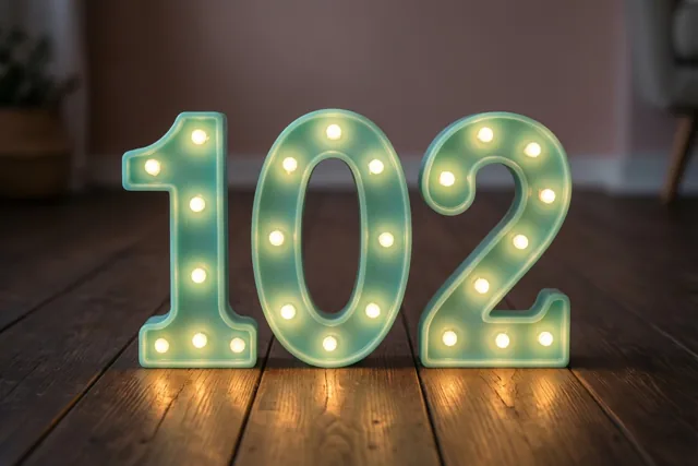 Lampjes in de vorm van theelichtjes vormen het getal 102 op een donkere houten vloer, met een zacht onscherpe achtergrond.