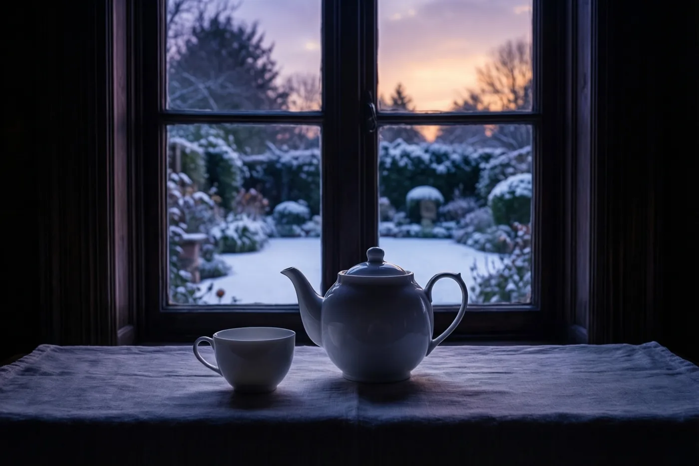 Een witte porseleinen theepot en een kopje staan op donker linnen bij een hoog raam, met zicht op een besneeuwde tuin onder een paarse en oranje schemerhemel.