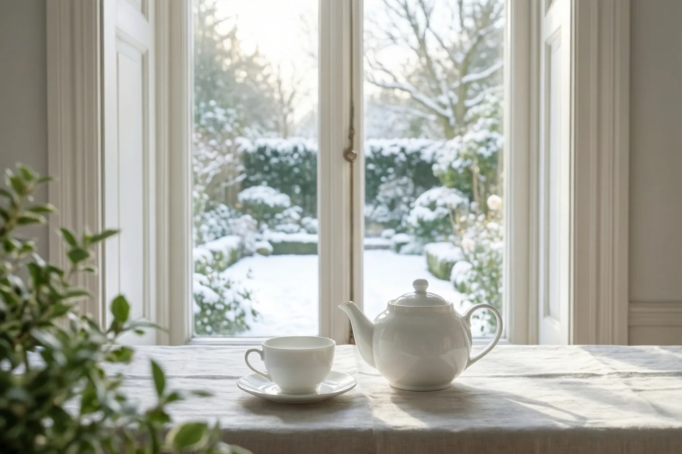Een witte porseleinen theepot en een kopje staan op een tafel met linnen naast een hoog raam, met uitzicht op een besneeuwde tuin met kale bomen en struiken.