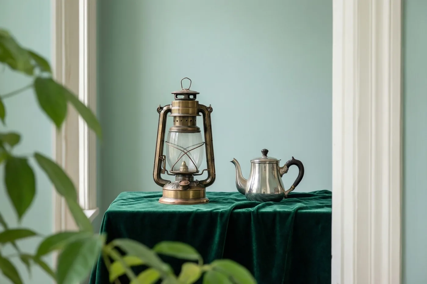 Een messing lantaarn en een zilveren theepot staan op een diepgroene fluwelen doek, met een lichtgroene muur, witte raamkozijnen en groen op de voorgrond.