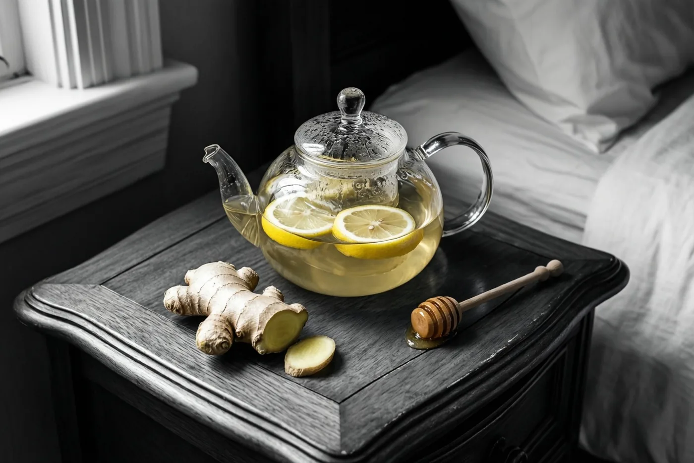 Een glazen theepot met citroenschijfjes, verse gember en een honinglepel staan op een donker houten nachttafeltje naast een bed, in een grotendeels zwart-wit beeld met gele accenten.